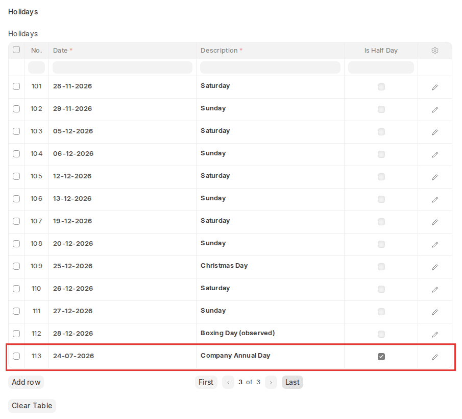ERPNext v16 Holidays table with a manually added Company Annual Day marked Is Half Day