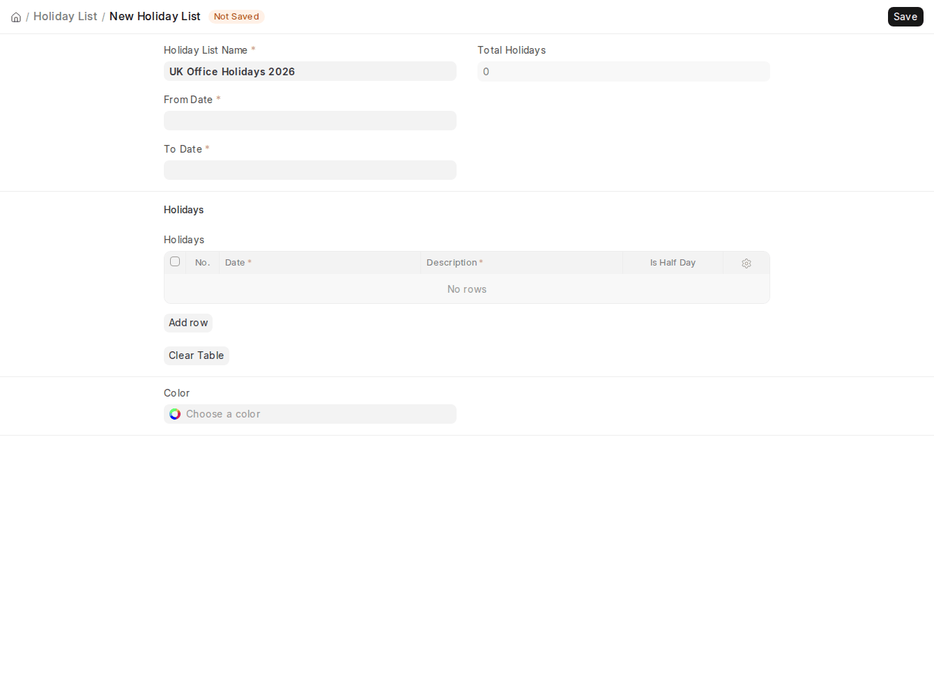 ERPNext v16 Holiday List Add Weekly Holidays with Weekly Off Saturday and Sunday added using Add to Holidays