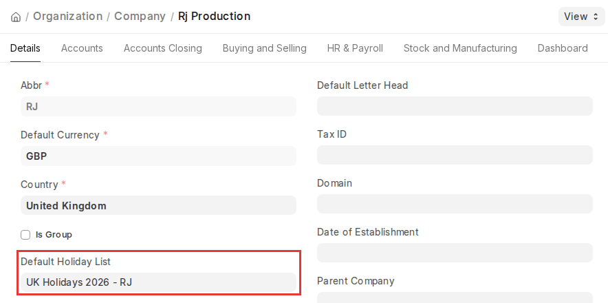 ERPNext v16 Company form with the Default Holiday List field highlighted