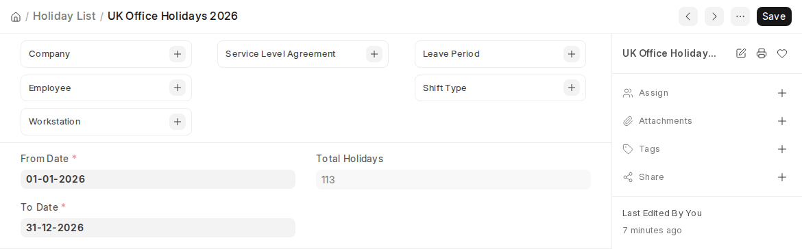 ERPNext v16 Holiday List form with From Date, To Date, Total Holidays and connections