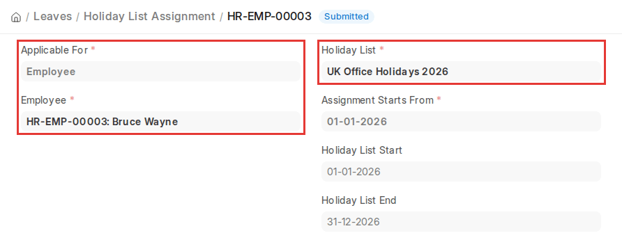 ERPNext v16 Holiday List Assignment assigning a Holiday List to an Employee