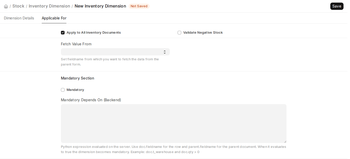 ERPNext v16 Inventory Dimension Applicable For tab with Apply to All Inventory Documents enabled