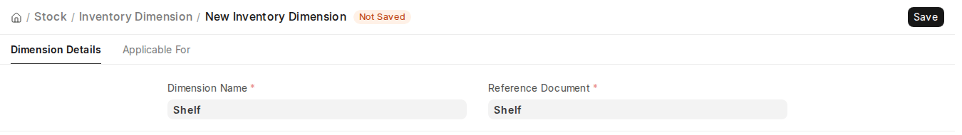 ERPNext v16 new Inventory Dimension Dimension Details tab with Dimension Name and Reference Document