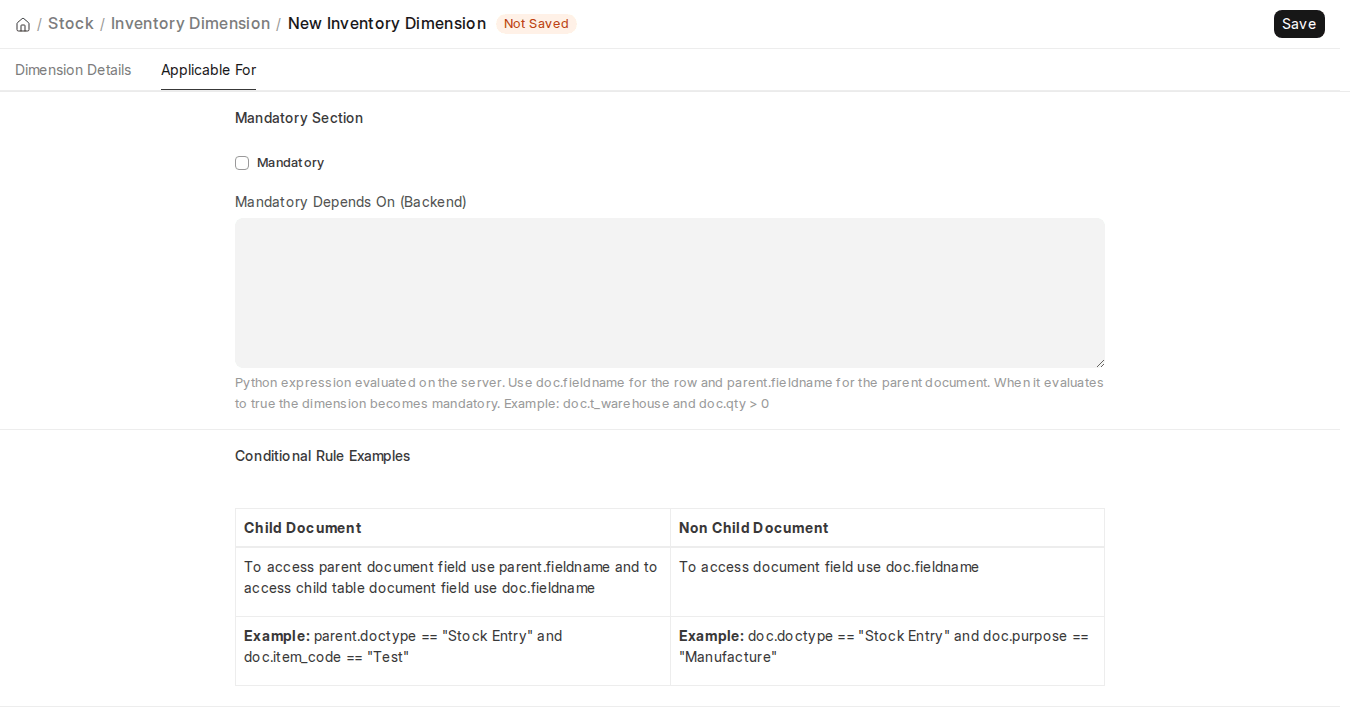ERPNext v16 Inventory Dimension Mandatory Section with Mandatory Depends On (Backend) and Conditional Rule Examples