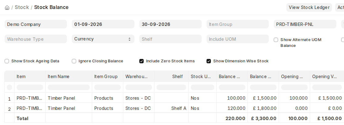 ERPNext v16 Stock Balance report with Show Dimension Wise Stock showing balance per Shelf