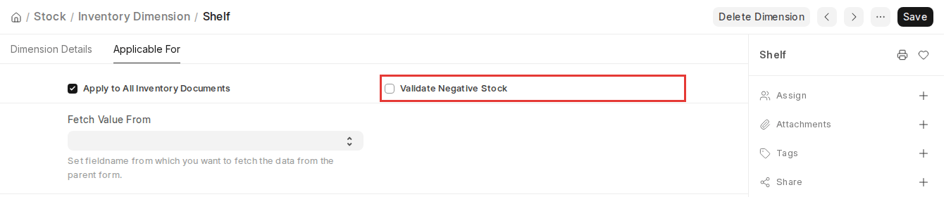 ERPNext v16 Inventory Dimension Validate Negative Stock option highlighted