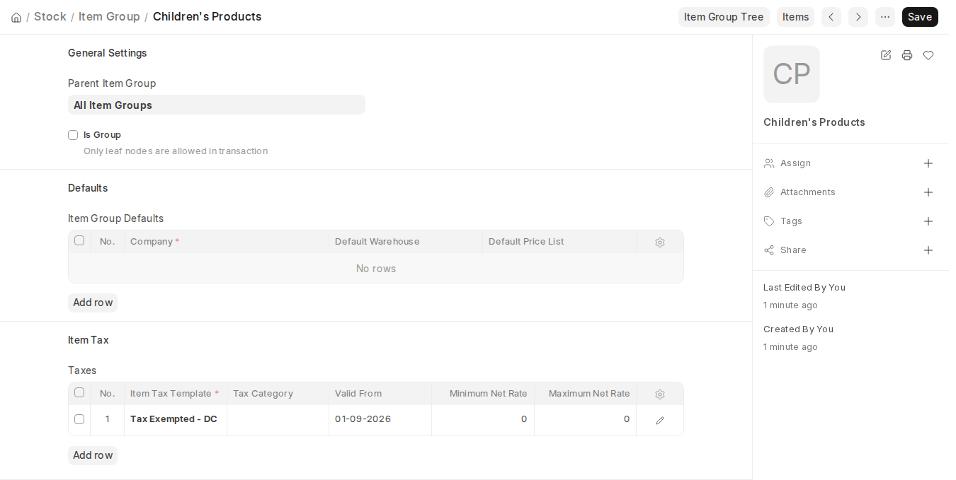 ERPNext v16 Item Group Item Tax section with an Item Tax Template