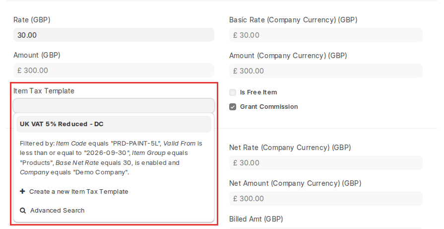 ERPNext v16 Sales Order item row Item Tax Template field with filtered options