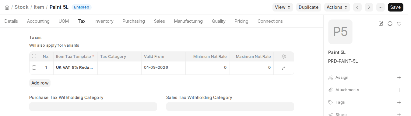 ERPNext v16 Item Tax tab with Item Tax Template, Tax Category, Valid From and Net Rate range