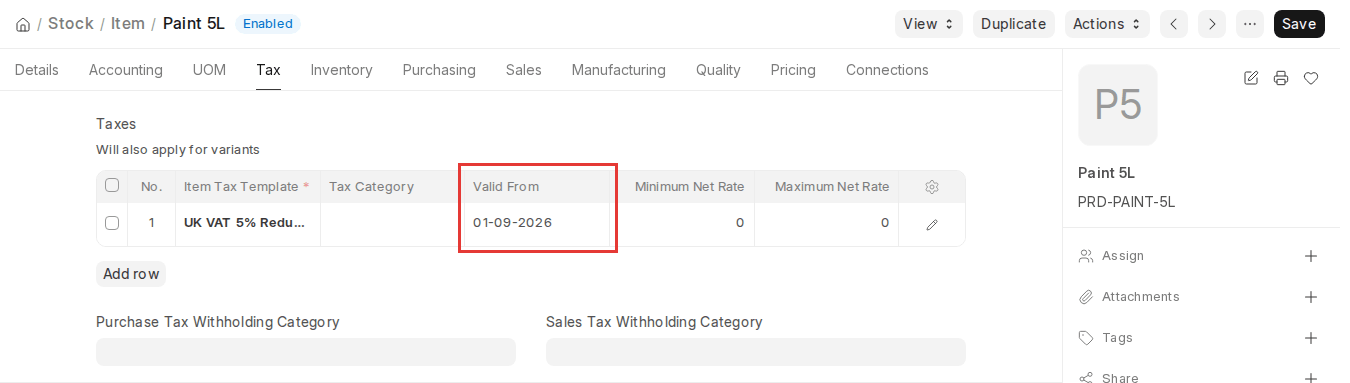 ERPNext v16 Item Tax table with Valid From date highlighted