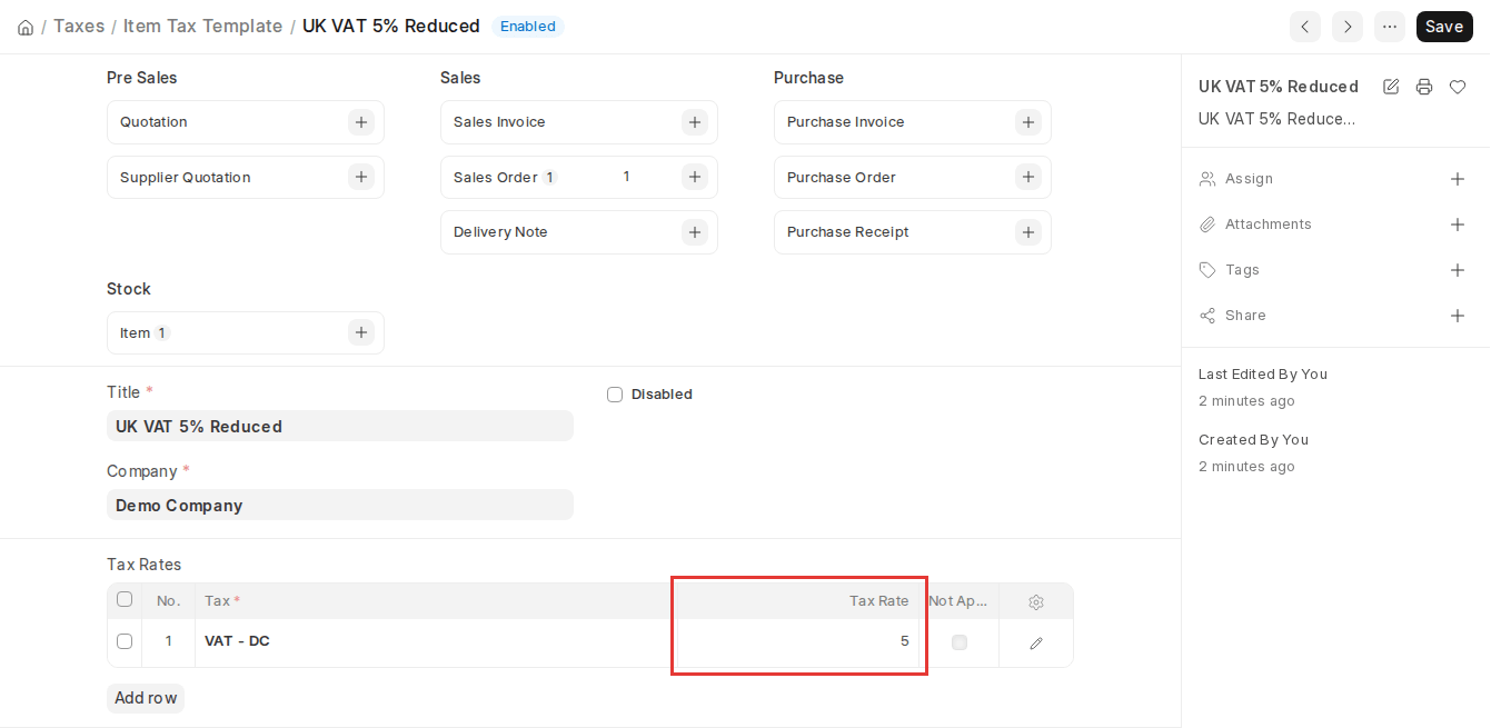 ERPNext v16 Item Tax Template with a reduced 5% VAT tax rate