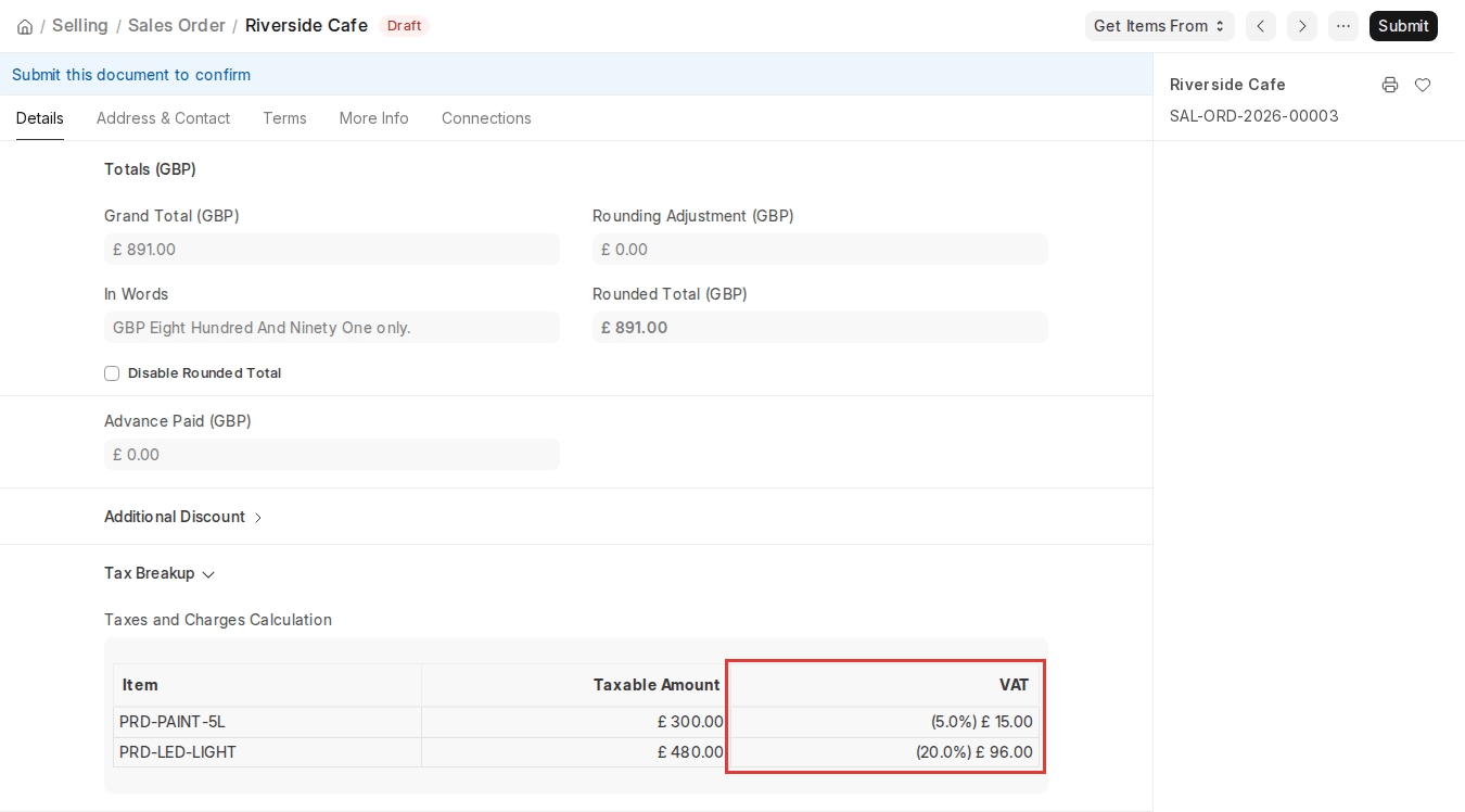 ERPNext v16 Sales Order Tax Breakup showing item-wise VAT at 5% and 20%