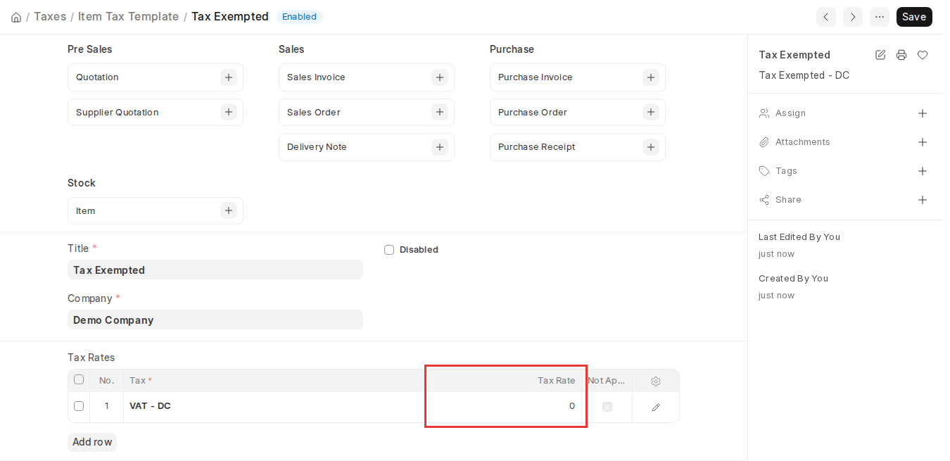 ERPNext v16 Tax Exempted Item Tax Template with 0% tax rate