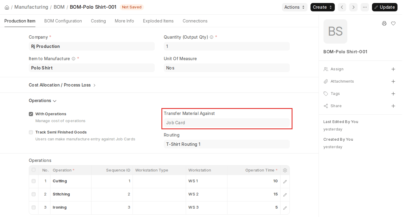ERPNext v16 BOM Operations section with Transfer Material Against set to Job Card