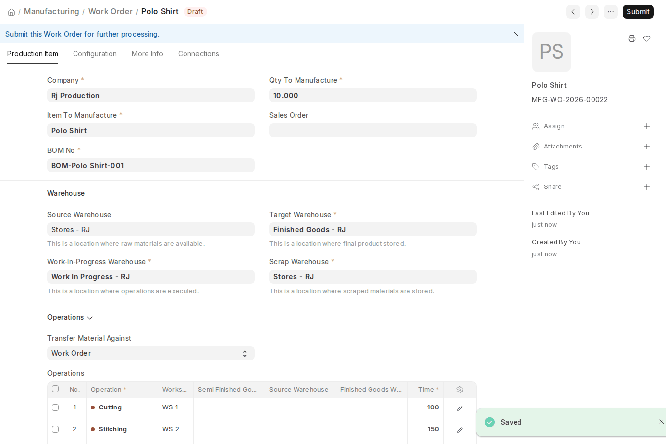 ERPNext v16 Job Cards created automatically when a Work Order with operations is submitted
