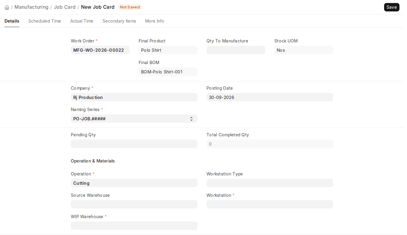 ERPNext v16 new Job Card form with Work Order, Operation and Quality Inspection Template