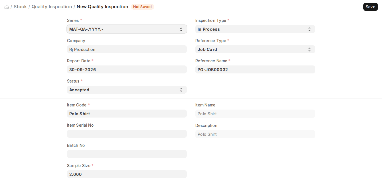 ERPNext v16 In Process Quality Inspection with Reference Type Job Card