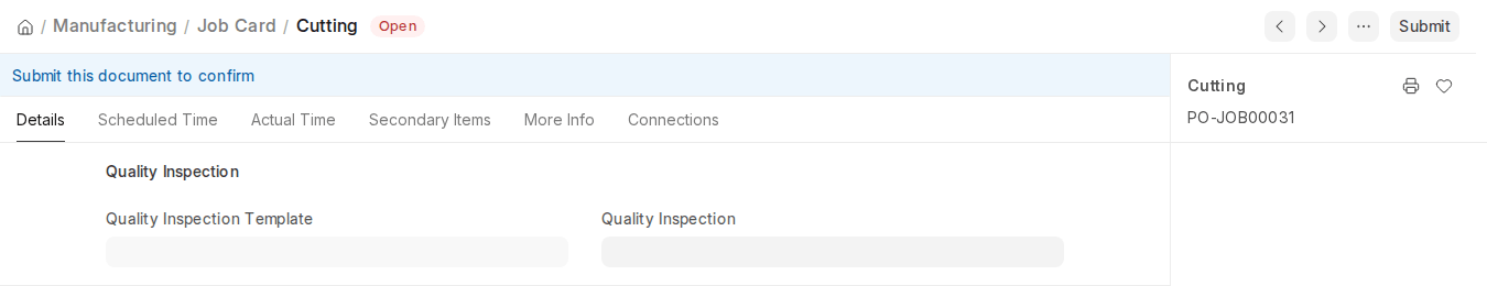 ERPNext v16 Job Card Quality Inspection section with Quality Inspection Template and Quality Inspection