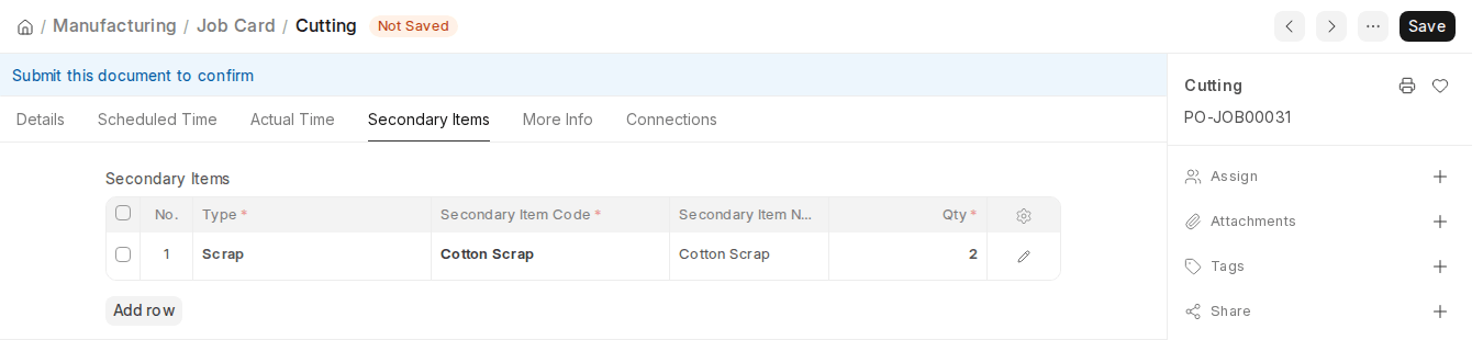 ERPNext v16 Job Card Secondary Items tab with a scrap item