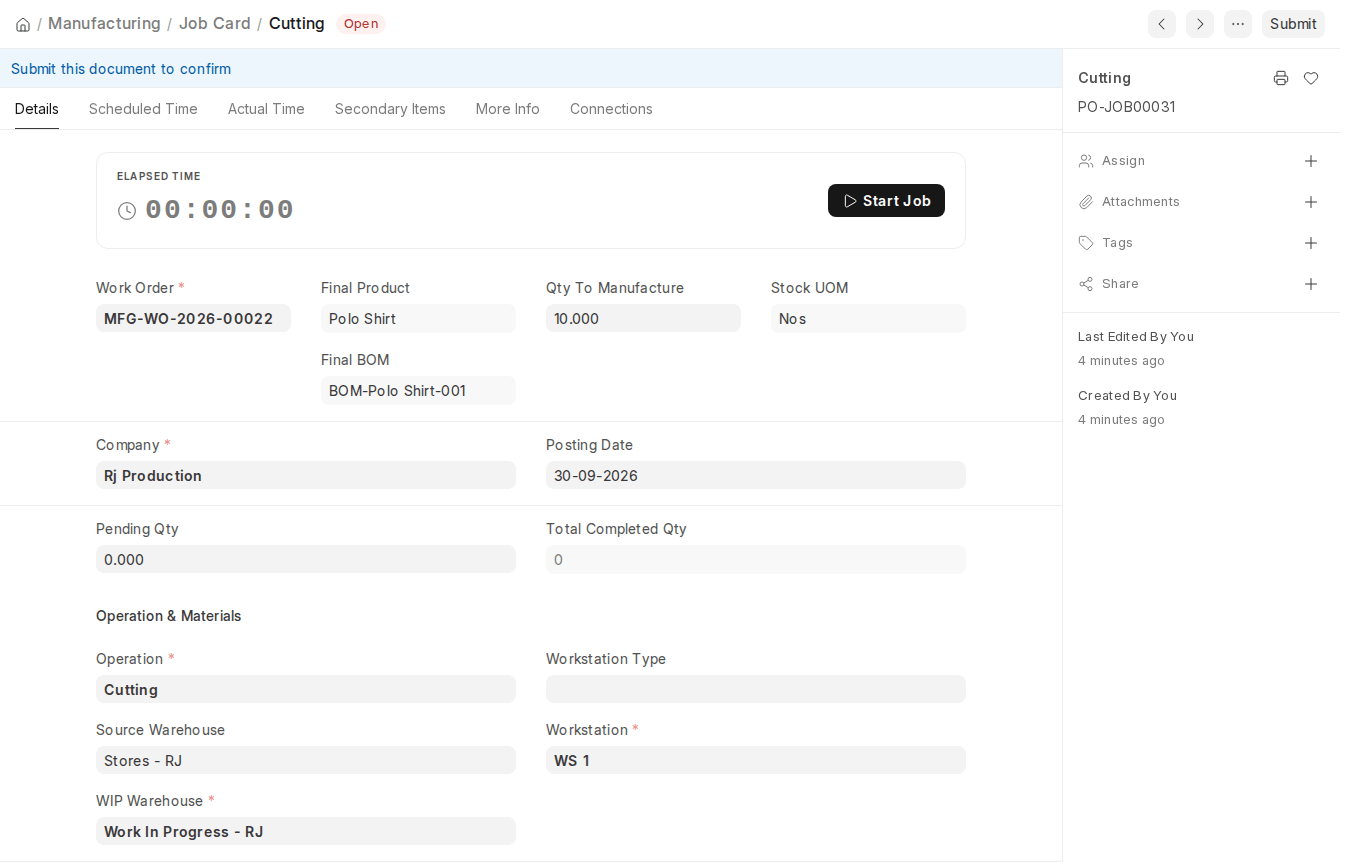 ERPNext v16 Job Card with Elapsed Time panel and Start Job button
