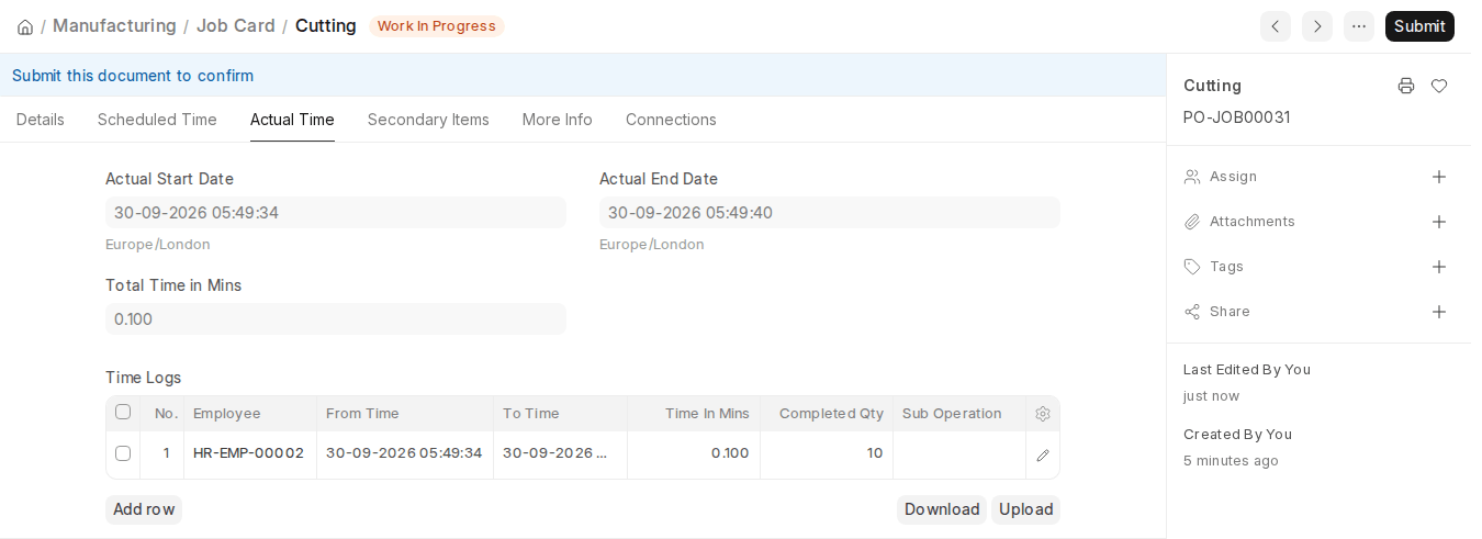 ERPNext v16 Job Card Actual Time tab with Time Logs, employee and completed quantity