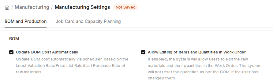 ERPNext v16 Manufacturing Settings BOM section with Update BOM Cost Automatically and Allow Editing of Items and Quantities in Work Order