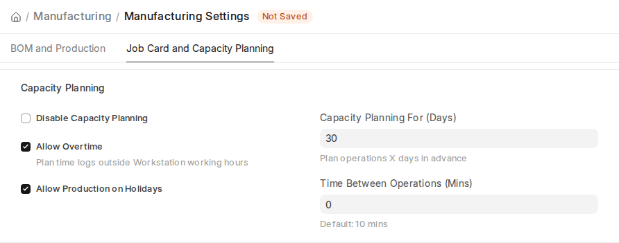 ERPNext v16 Manufacturing Settings Capacity Planning section