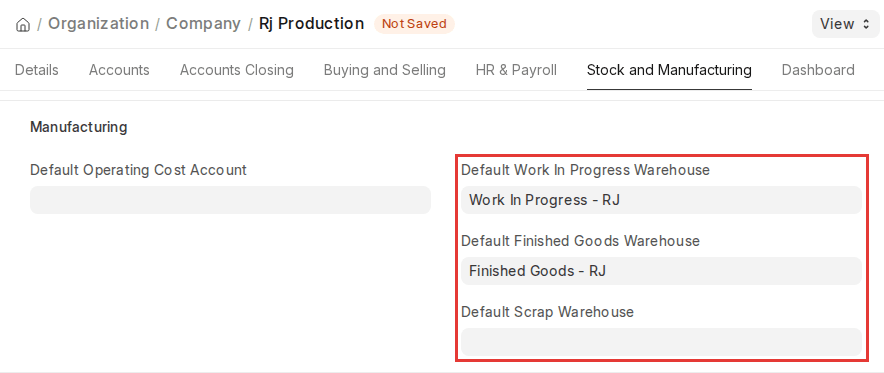 ERPNext v16 Company Stock and Manufacturing tab with default Work In Progress, Finished Goods and Scrap warehouses