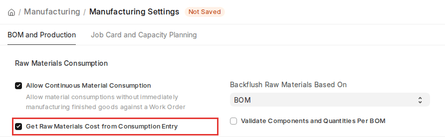 ERPNext v16 Manufacturing Settings with Get Raw Materials Cost from Consumption Entry enabled