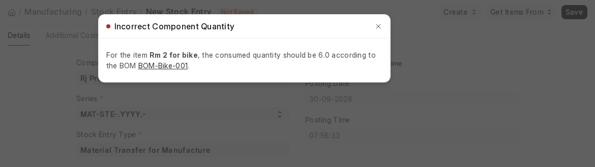 ERPNext v16 Incorrect Component Quantity error when a Stock Entry quantity differs from the BOM