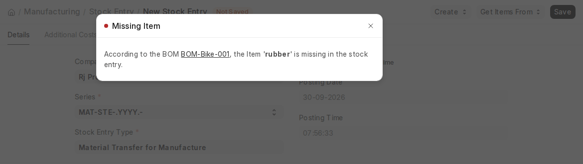 ERPNext v16 Missing Item error when a BOM component is removed from the Stock Entry