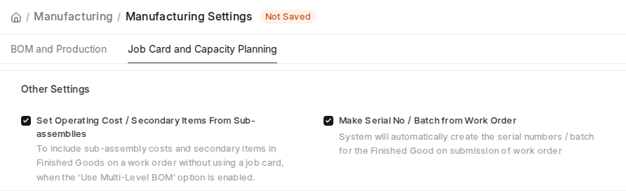 ERPNext v16 Manufacturing Settings Other Settings section