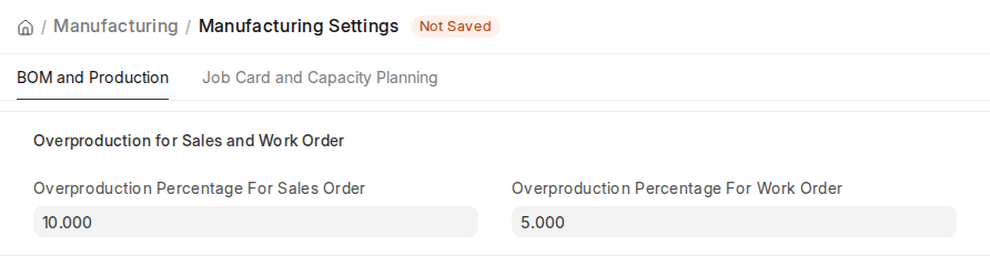 ERPNext v16 Manufacturing Settings Overproduction for Sales and Work Order section
