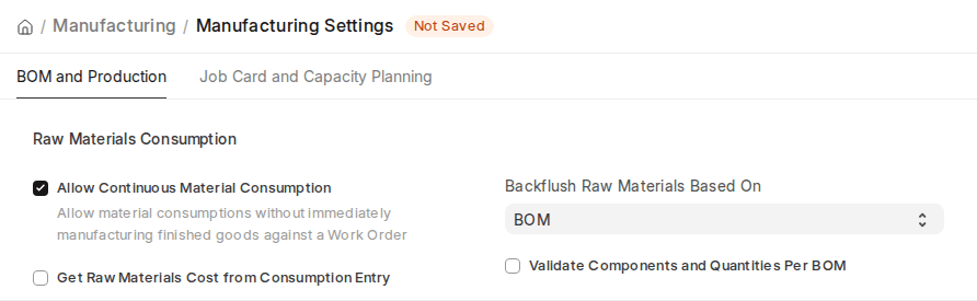 ERPNext v16 Manufacturing Settings Raw Materials Consumption section with Allow Continuous Material Consumption