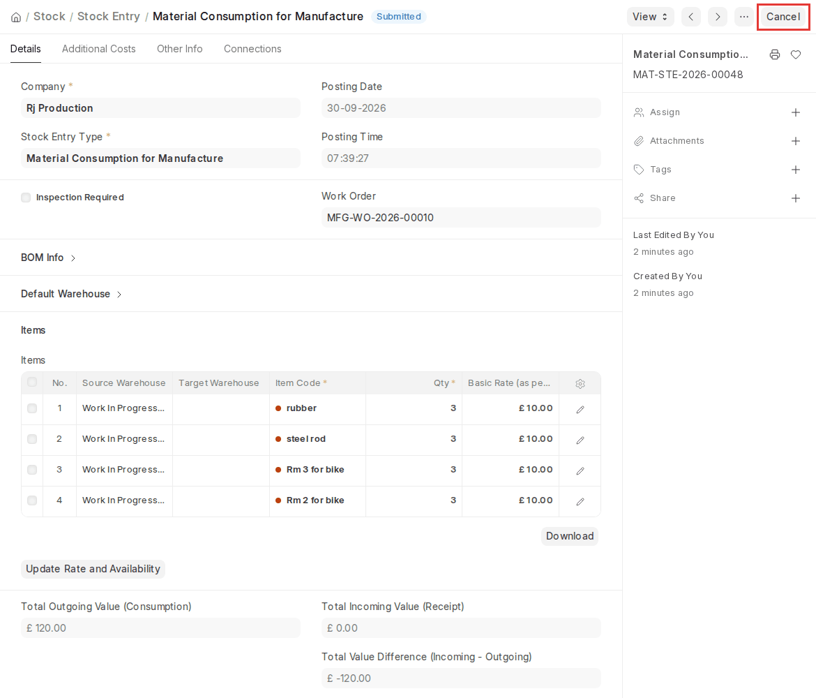 ERPNext v16 message Cannot cancel transaction for Completed Work Order when cancelling a Material Consumption entry
