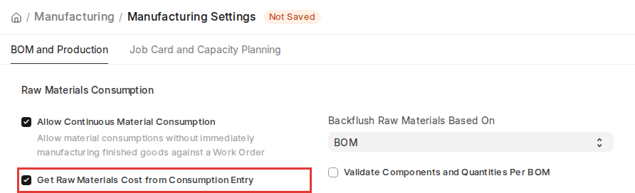 ERPNext v16 Manufacturing Settings with Get Raw Materials Cost from Consumption Entry enabled