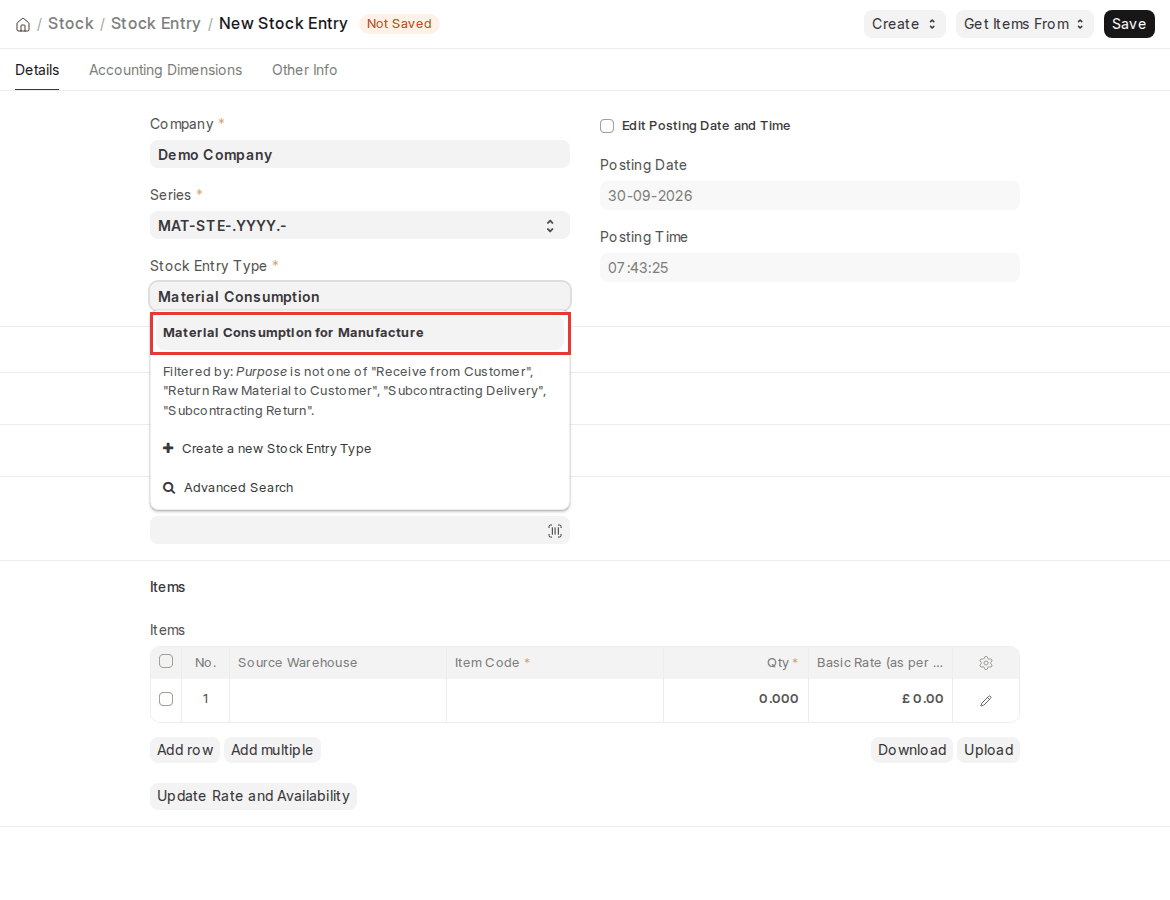 ERPNext v16 error Material Consumption is not set in Manufacturing Settings