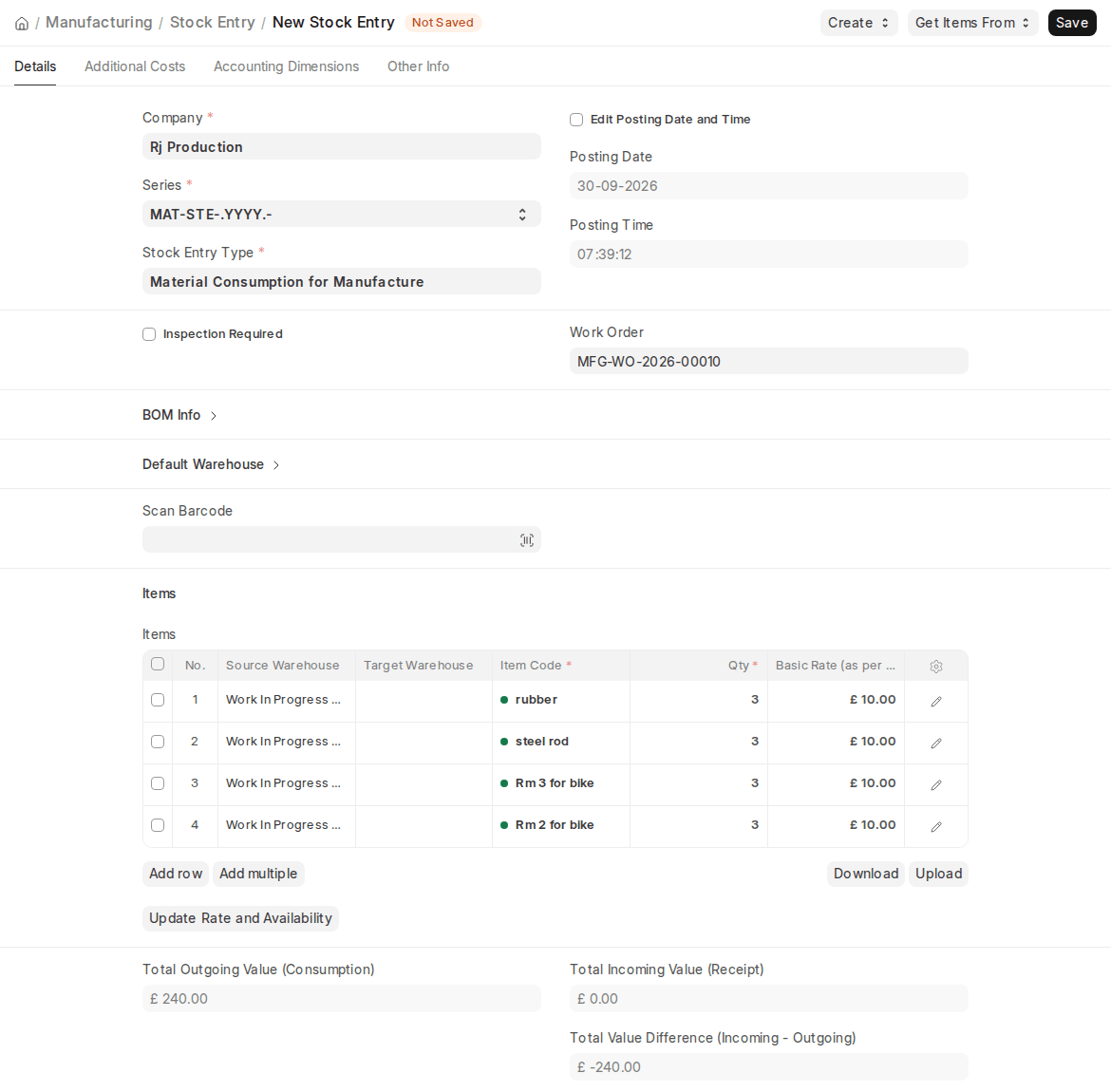 ERPNext v16 Stock Entry of type Material Consumption for Manufacture against a Work Order