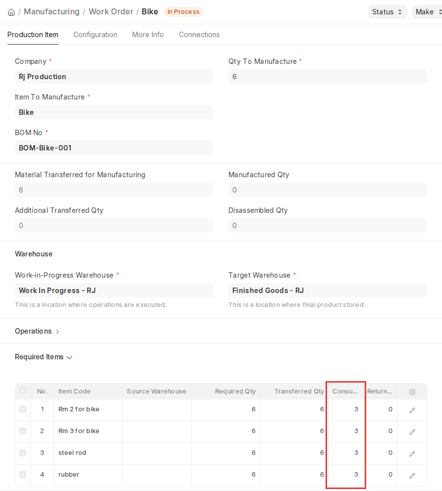 ERPNext v16 Work Order Required Items showing Consumed Qty updated by Material Consumption