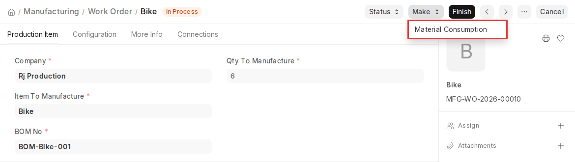 ERPNext v16 Work Order in process with Material Consumption in the Make menu
