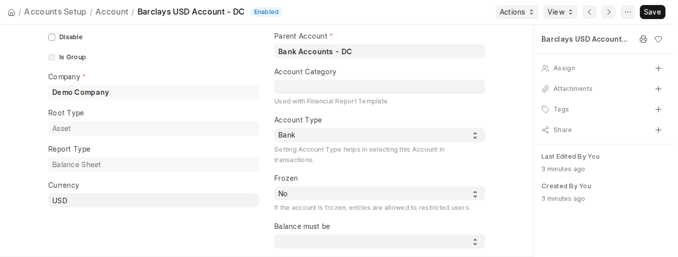ERPNext v16 bank Account form with Currency USD