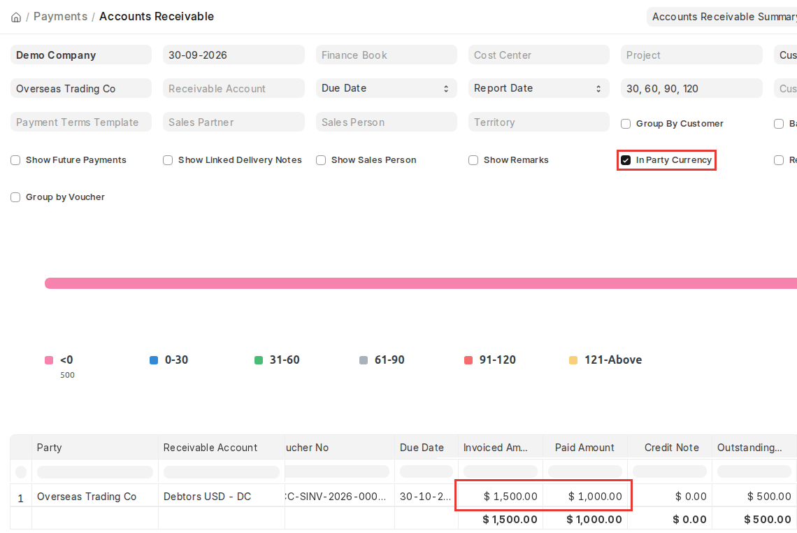 ERPNext v16 Accounts Receivable report In Party Currency showing USD amounts