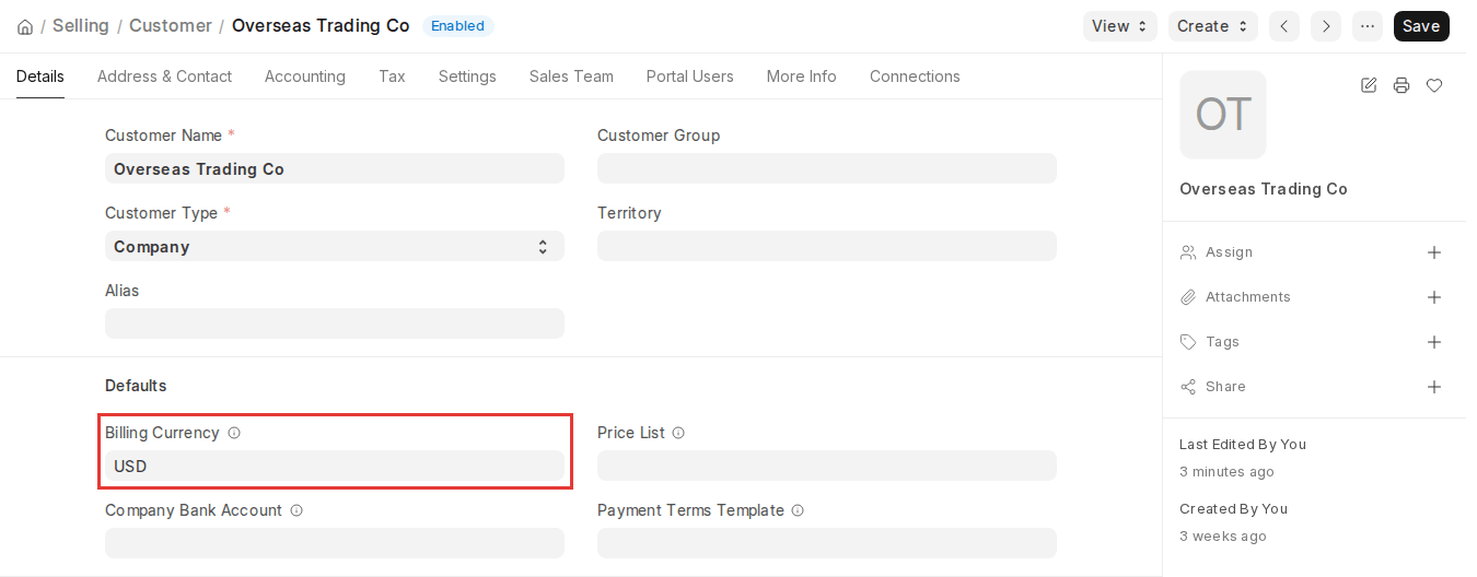 ERPNext v16 Customer Details tab with Billing Currency USD