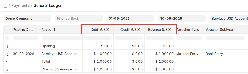 ERPNext v16 General Ledger filtered by a USD account showing Debit, Credit and Balance in USD
