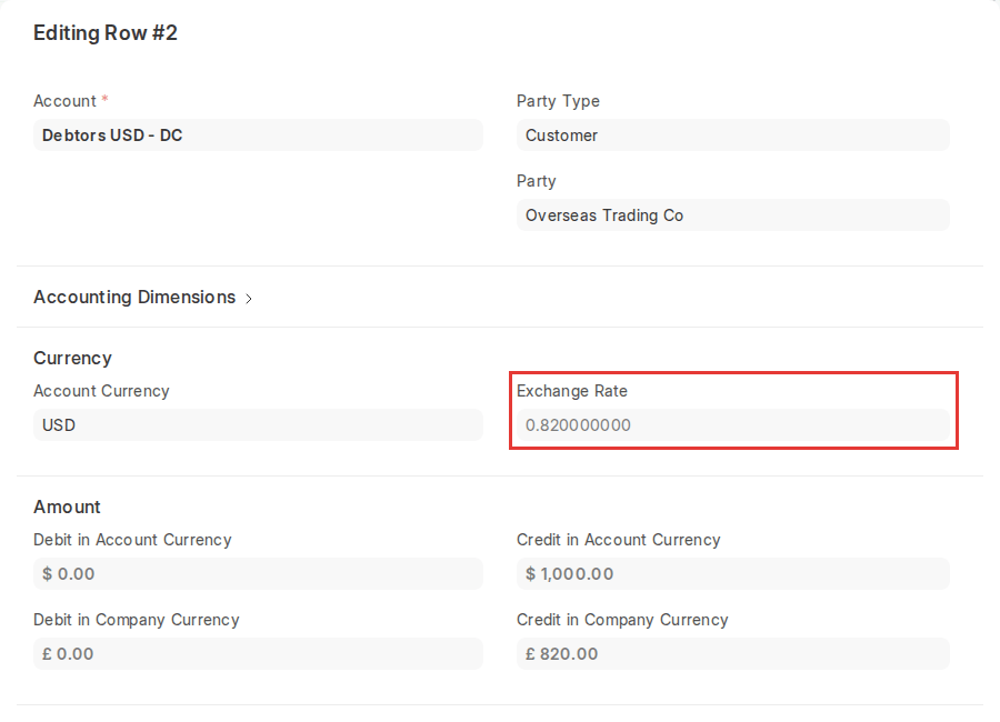 ERPNext v16 Journal Entry row with Account Currency USD and Exchange Rate
