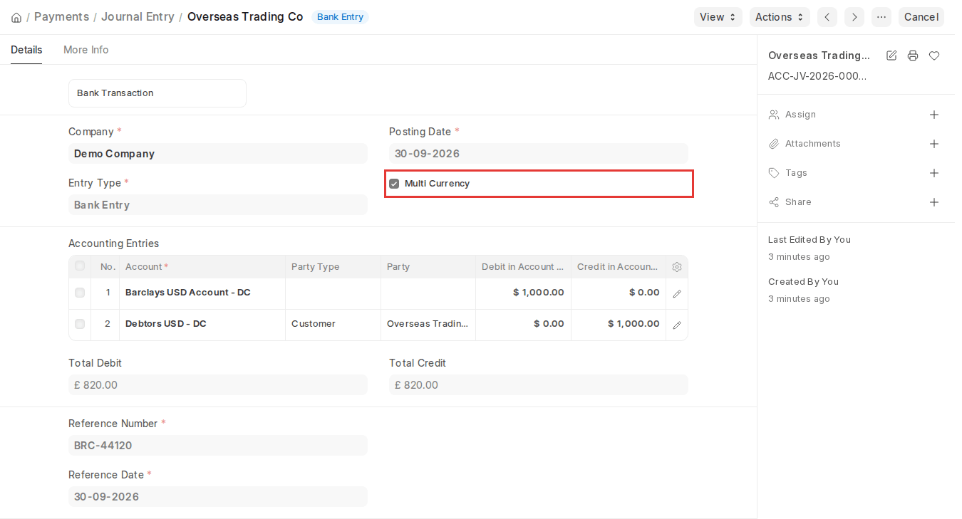 ERPNext v16 Journal Entry with Multi Currency enabled and USD accounts