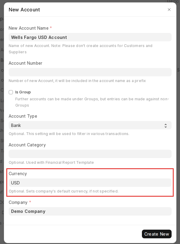 ERPNext v16 Chart of Accounts New Account dialog with Currency set to USD