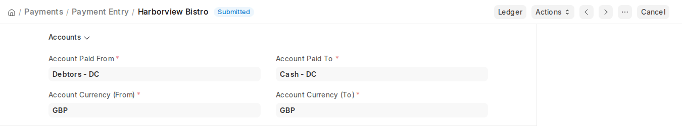 ERPNext v16 Payment Entry Accounts section with Account Paid From and Account Paid To