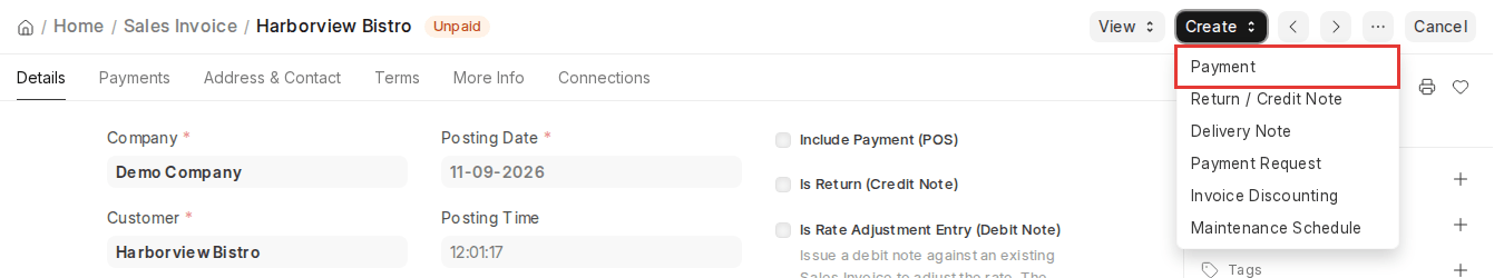 ERPNext v16 Sales Invoice Create menu with Payment highlighted