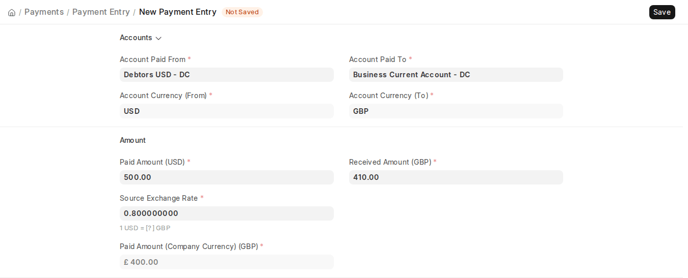 ERPNext v16 multi-currency Payment Entry from a USD receivable account to a GBP bank account with Source Exchange Rate